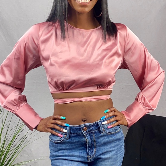 Women's Pink Flared Sleeve Wrap Crop Top